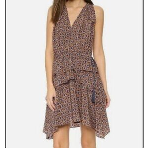 DEREK LAM 10 CROSBY MEDALLION FLORAL V NECK SLEEVELESS SILK DRESS